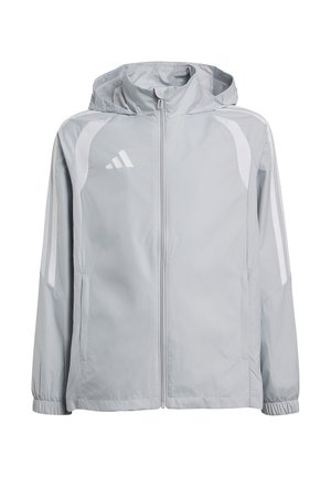 Lysegrå hættetrøje til sport med fuld lynlås foran, elastiske manchetter, sidelommer, hvide striber på ærmerne og Adidas-logo på brystet.