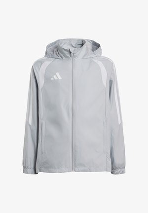 Lysegrå hættetrøje til sport med fuld lynlås foran, elastiske manchetter, sidelommer, hvide striber på ærmerne og Adidas-logo på brystet.