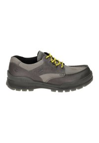 Gray hiking shoe with a textured leather upper, rubber sole, and contrasting yellow laces. Features a padded collar for comfort.