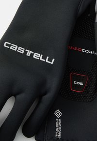 Schwarze Radhandschuhe mit einer glatten Textiloberfläche, "Castelli"-Logo in Weiß, Belüftungsbereich und Windstopper-Branding.