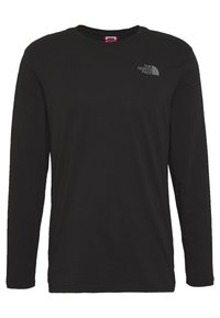 Schwarz langärmliges T-Shirt aus Baumwolle mit Rundhalsausschnitt und kleinem grauen Logo im linken Brustbereich.