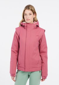 Rosa wasserdichte Jacke mit hohem Kragen, verstellbarer Kapuze und strukturiertem Stoff. Verfügt über Reißverschlusstaschen und verstärkte Nähte für Langlebigkeit.