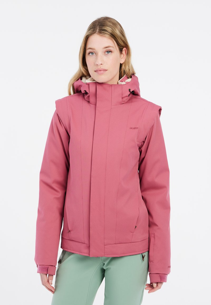 Rosa wasserdichte Jacke mit hohem Kragen, verstellbarer Kapuze und strukturiertem Stoff. Verfügt über Reißverschlusstaschen und verstärkte Nähte für Langlebigkeit.
