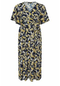 Maxiklänning i marinblått med ett blommigt bladmönster i gult och vitt. Har korta ärmar, en svepdesign och en knytning i midjan.