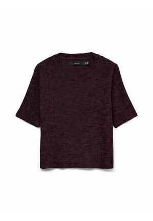 Mørkelilla, kortærmet strikket sweater med rund halsudskæring, ribbede manchetter og et let tekstureret stofmønster.