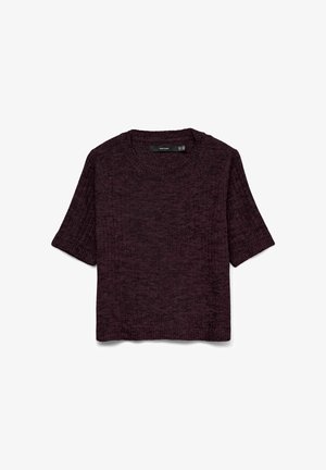 Jersey de punto de manga corta color púrpura oscuro, con cuello redondo, puños acanalados y un patrón de tela ligeramente texturizado.