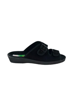 Sandalia negra de pala abierta con dos correas ajustables con hebilla y suela acolchada, diseñada para la comodidad y la transpirabilidad.