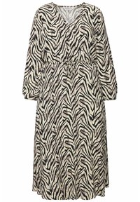 Langarmige jurk in crème met een zwart zebra-streeppatroon. Heeft een V-hals en een verstelbare tailleband voor een op maat gemaakte pasvorm.
