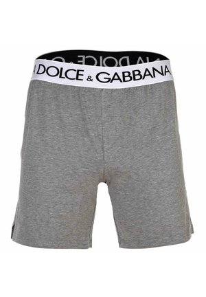 Grijze herenboxershorts met witte elastische tailleband met zwarte tekst "Dolce & Gabbana", vooraanzicht op witte achtergrond.