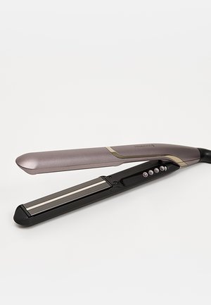 Piastra per capelli con una superficie superiore metallica di colore viola, base nera e cinque pulsanti di controllo. Presenta un design elegante e piastre in ceramica piatte.