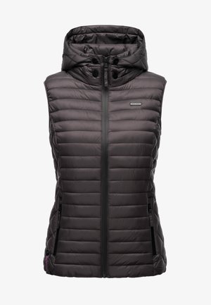 Lightweight, hooded, sleeveless vest in dark gray with quilted texture, zip front, and side pockets. Features branded detail on chest.
