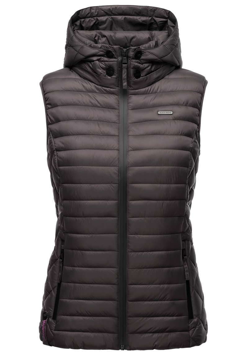 Lightweight, hooded, sleeveless vest in dark gray with quilted texture, zip front, and side pockets. Features branded detail on chest.