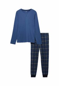 Blå langærmet top og ternet bukser sæt. Toppen er solid blå i bomuld; bukserne er marineblå med et blåt og hvidt rutemønster og har elastisk talje.