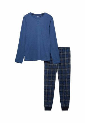 Blå langærmet top og ternet bukser sæt. Toppen er solid blå i bomuld; bukserne er marineblå med et blåt og hvidt rutemønster og har elastisk talje.