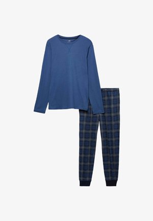 Blue long-sleeve top and plaid pants set. Top is solid blue cotton; pants are navy with a blue and white checked pattern, elastic waistband.