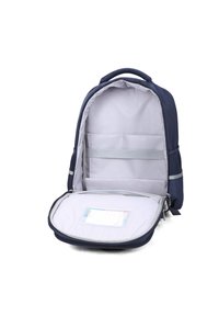 Zaino navy con un'esterno liscio, interno grigio, scomparti imbottiti e doppia cerniera. Include una tasca anteriore in rete e una maniglia.