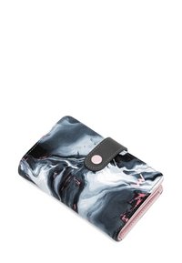 Black and gray marbled wallet with pink accents, featuring a flap closure and a round snap button, made of textured synthetic material.