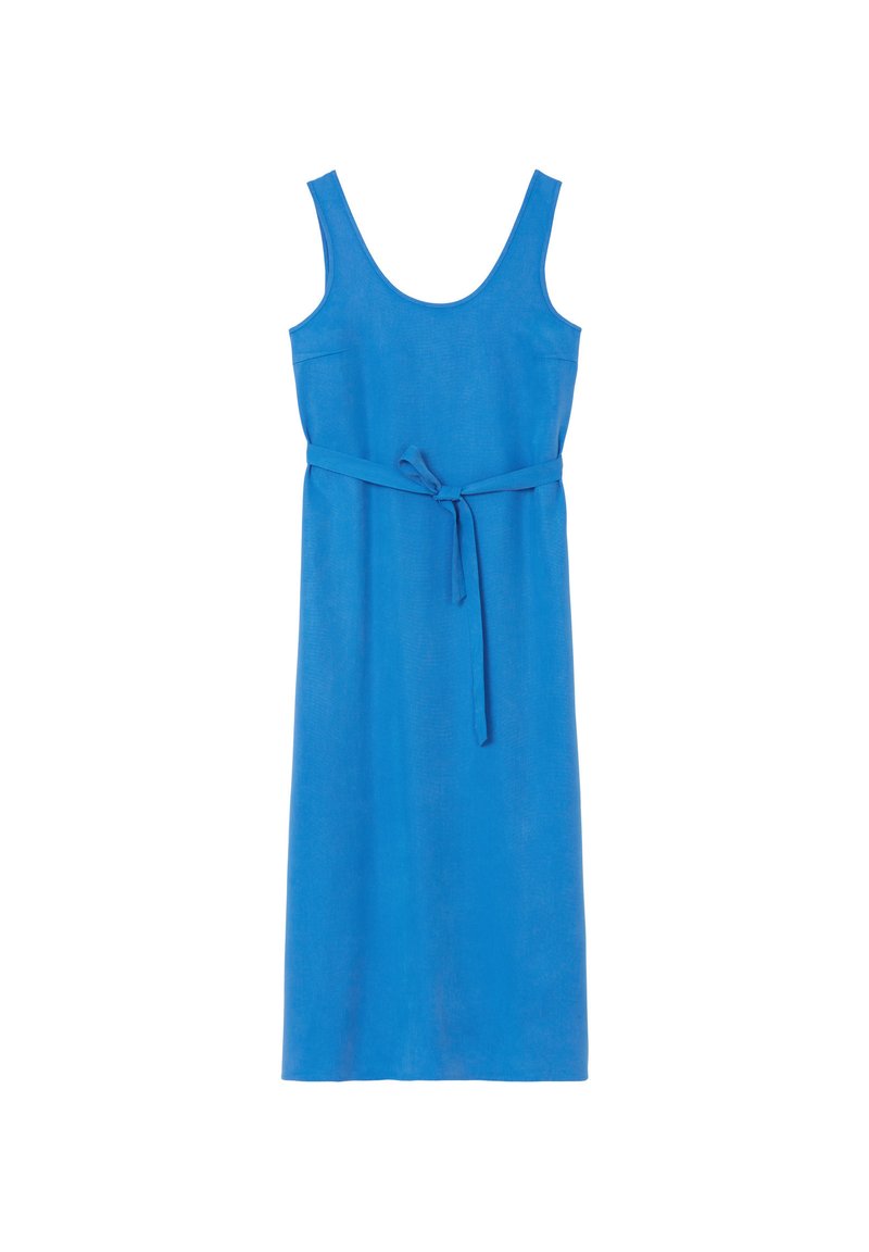 Blaues ärmelloses Kleid mit rundem Ausschnitt, Taillengewinde, gerader Silhouette und weichem, strukturiertem Stoff. Einfaches Design ohne Muster.