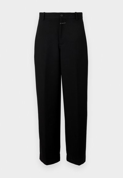 Black trousers made from a smooth fabric, featuring a button closure, belt loops, and a straight-leg design.