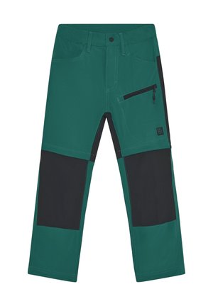 Grüne Stoffhose mit schwarzen Akzenten und Taschen, einer seitlichen Reißverschlusstasche und kontrastierenden Nähten, für den Einsatz im Freien gestaltet.