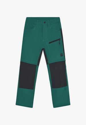 Grüne Stoffhose mit schwarzen Akzenten und Taschen, einer seitlichen Reißverschlusstasche und kontrastierenden Nähten, für den Einsatz im Freien gestaltet.