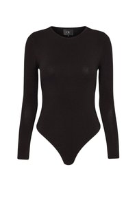 Zwarte langschedige bodysuit gemaakt van een zachte, gladde stof. Heeft een ronde halslijn en een aansluitend ontwerp met een stringonderdeel.