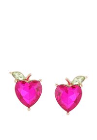 Hjärtdesignade örhängen i klargul rosa kristall med guldaccenter. Har detaljer med gröna bladdesign och blanka ytor för extra glans.