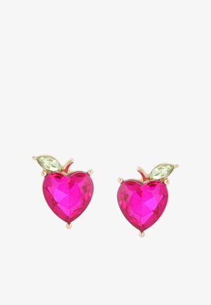 Pendientes en forma de corazón de cristal rosa brillante con acentos dorados. Presentan un detalle de diseño de hojas verdes y facetas brillantes para un toque adicional de brillo.