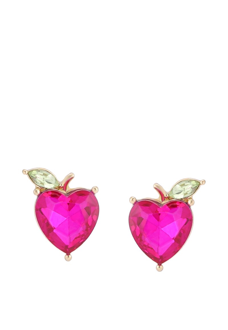 Hjärtdesignade örhängen i klargul rosa kristall med guldaccenter. Har detaljer med gröna bladdesign och blanka ytor för extra glans.