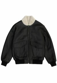 Schwarze Lederbomberjacke mit einem cremefarbenen Kunstfellkragen, Frontreißverschluss und zwei großen aufgesetzten Taschen. Gerippte Bündchen und Saum.