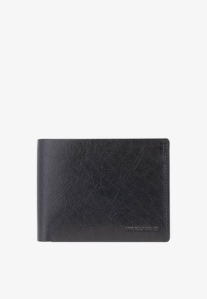 Czarny skórzany portfel o fakturowanej powierzchni. Posiada widoczne logo i prosty, prostokątny kształt. Kompaktowy i wszechstronny do przechowywania.