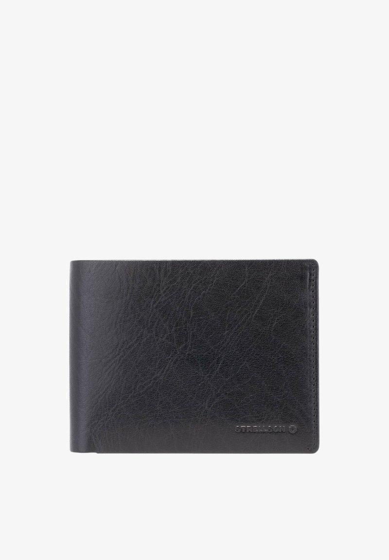 Czarny skórzany portfel o fakturowanej powierzchni. Posiada widoczne logo i prosty, prostokątny kształt. Kompaktowy i wszechstronny do przechowywania.