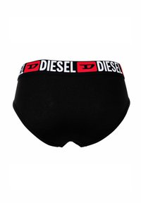 Zwarte damesondergoed met een brede tailleband met rode en witte "DIESEL" branding. Gladde stof met een aangesloten ontwerp.