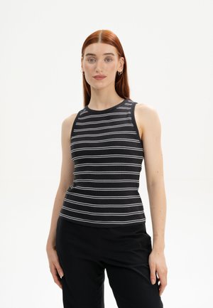 Black and white striped sleeveless top, ribbed texture, round neckline, fitted design, paired with black pants.