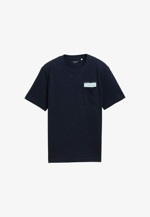 Navy blue short-sleeve T-shirt made of cotton, featuring a chest pocket with a colorful label and a round neck design.
