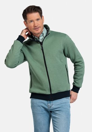 Groene zip-up jack met zwarte accenten, zachte structuur, geribde manchetten en een opstaande kraag, gedragen over een gestreept shirt en jeans.