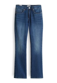 Jeans in denim blu classico con design a gamba dritta, dotati di tasche frontali, cinturino con passanti per cintura e chiusura con zip.