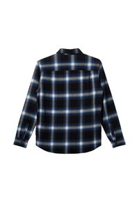 Schwarz-blau kariertes Langarmhemd mit Button-Down-Kragen, featuring kontrastierende weiße Linien und zwei Taschen auf der Rückseite.