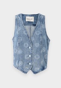 Light blue denim vest with a floral pattern, V-neck design, and five light blue buttons. Features sleeveless cut and pointed hem.