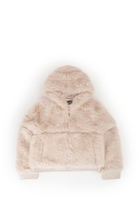 Felpa in finta pelliccia di colore beige chiaro, con zip frontale, cappuccio e due tasche anteriori; texture morbida e aspetto soffice.