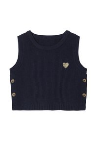 Marineblauer ärmelloser Strickwesten mit zwei Knopfdetails auf jeder Seite und einem kleinen goldenen Herzelement auf der Brust.