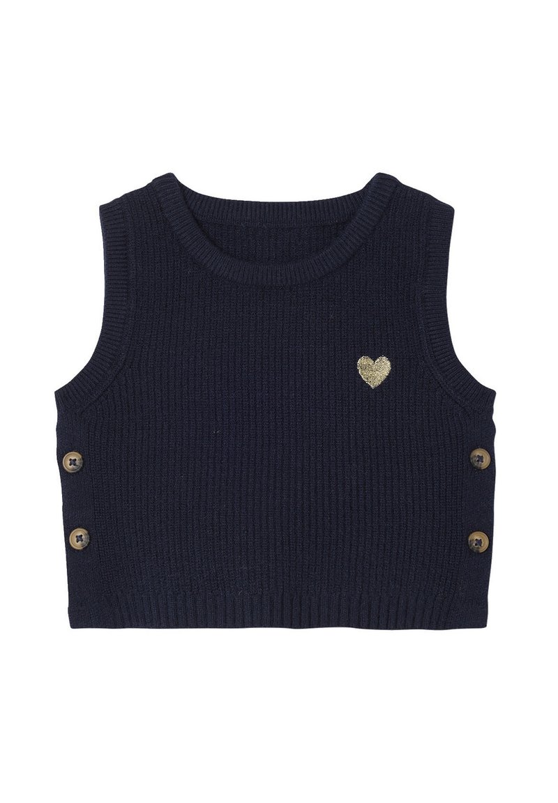 Marineblauer ärmelloser Strickwesten mit zwei Knopfdetails auf jeder Seite und einem kleinen goldenen Herzelement auf der Brust.