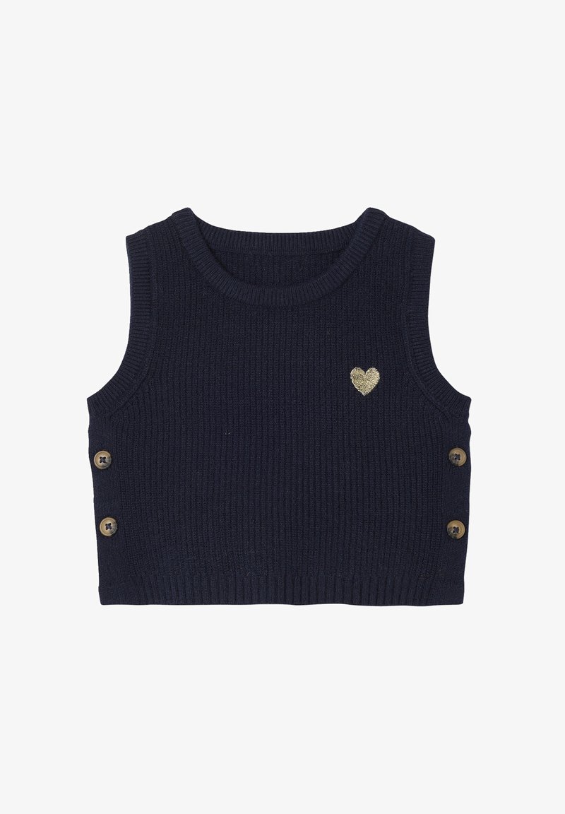 Marineblauer ärmelloser Strickwesten mit zwei Knopfdetails auf jeder Seite und einem kleinen goldenen Herzelement auf der Brust.