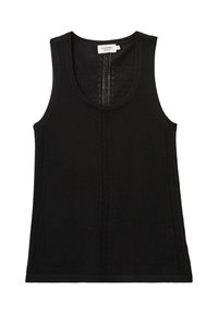 Débardeur noir en tissu doux, avec un col rond, des détails en dentelle en plein centre et une coupe ajustée.
