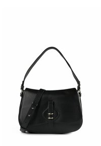 Zwarte leren handtas met een gestructureerde vorm, een bovenste handvat en een verstelbare schouderriem. Heeft een voorkantsluiting met goudkleurige hardware.