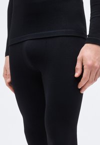 Μαύροι θερμικοί κολάν με ριμπ υφή και εφαρμοστή σχεδίαση. Η υφή του υφάσματος είναι λείος, διαθέτοντας ψηλή μέση και χωρίς ορατά σχέδια ή μεταλλικά στοιχεία.