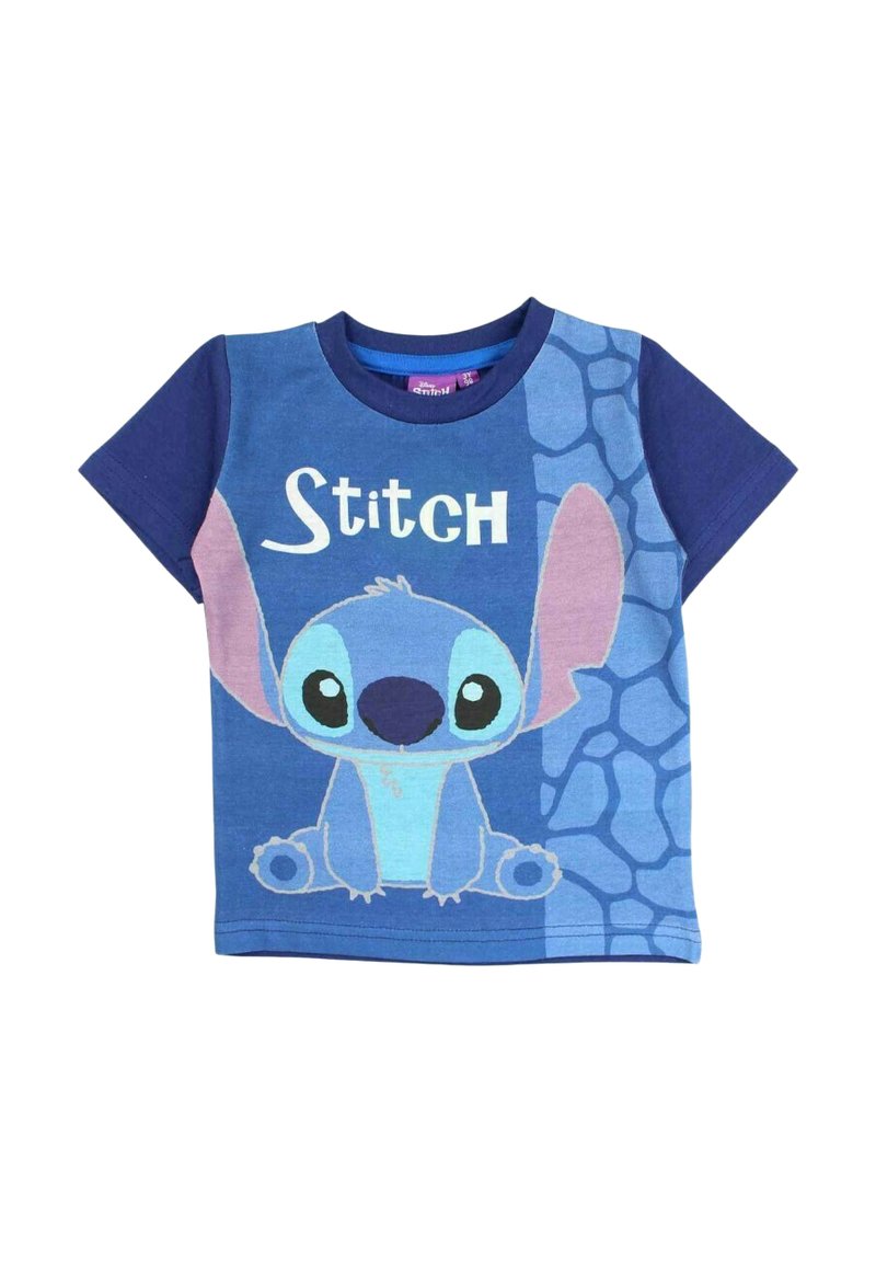 T-shirt à manches courtes pour enfants en coton bleu, avec un grand personnage Stitch imprimé, aux yeux noirs et aux accents roses sur les manches.