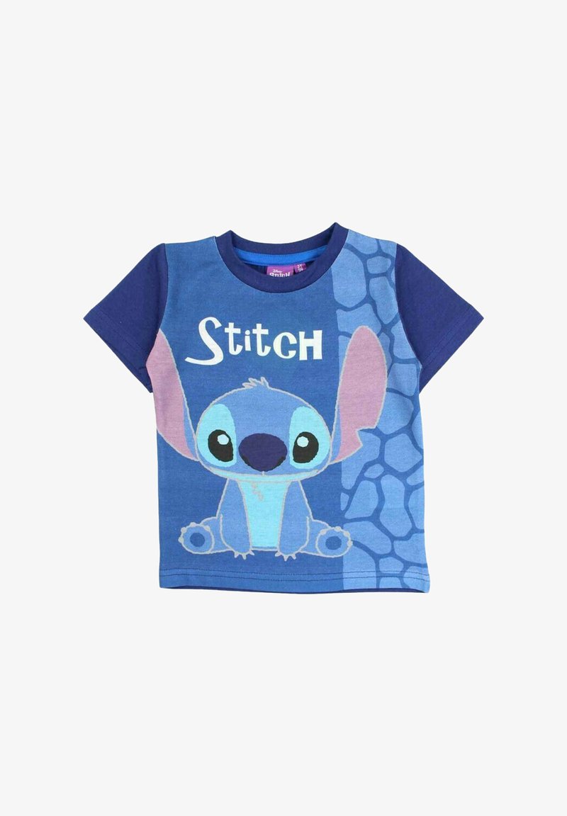 T-shirt à manches courtes pour enfants en coton bleu, avec un grand personnage Stitch imprimé, aux yeux noirs et aux accents roses sur les manches.