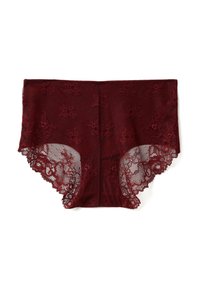 Burgundské krajkové hipster kalhotky s květinovými vzory, zvlněnými okraji a texturovanou síťovinou na bocích.