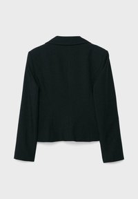 Blazer noir cintré avec un revers cranté, manches longues et coutures structurées. Texture de tissu lisse, vue de dos montrant un design ajusté.